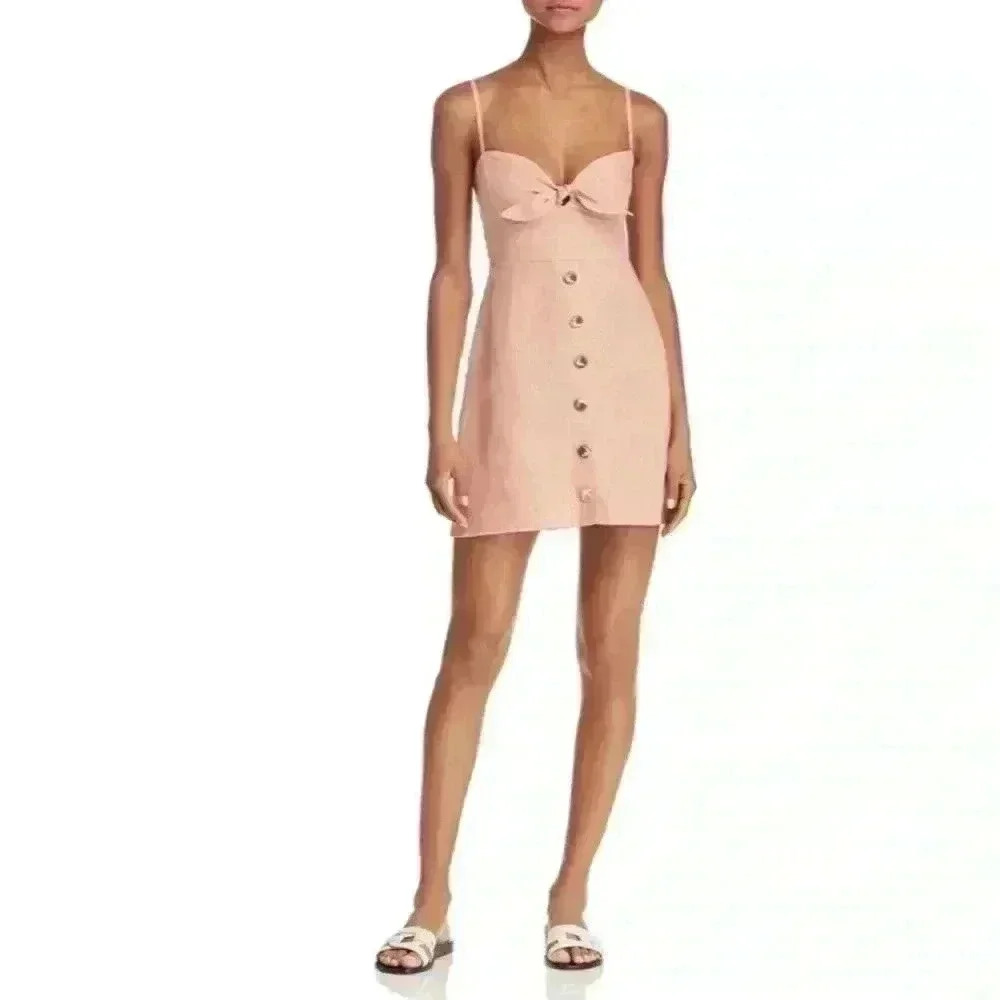 Faithful the Brand Rodeo Pink Linen Button Up Tie-Front Mini Skater Summer Dress - Picture 5 of 15
